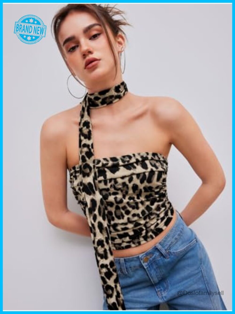 Leopard Print Strapless Tube Top Ruched Crop Top with Scarf - Picture 3 of 6